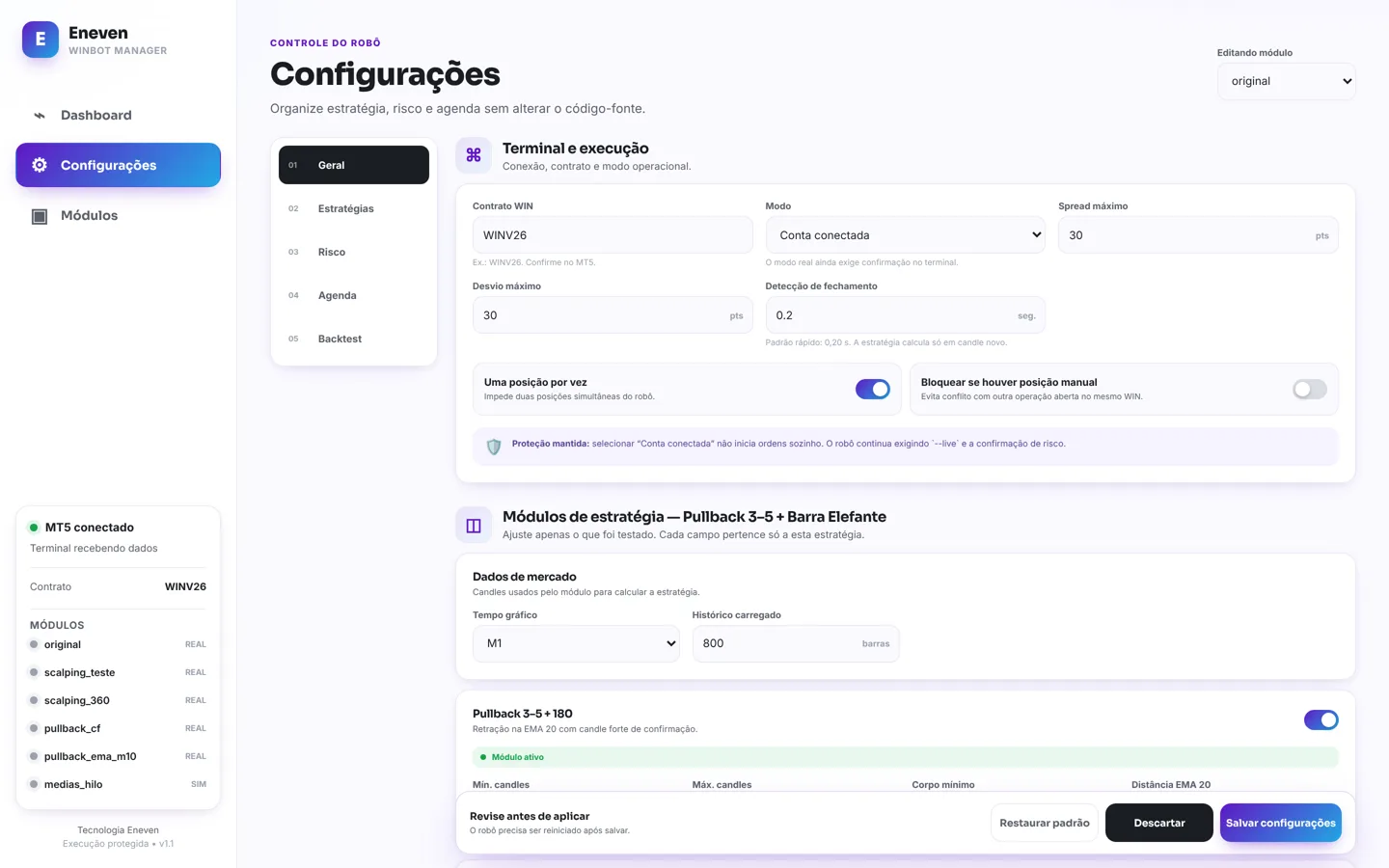 Tela de configurações do WinBot com validação do YAML